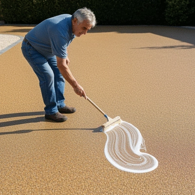 Homeowner cleaning a resin driveway with a soft brush and mild detergent, clean image, no text, no words, no typography, 8K