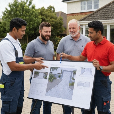Professional contractors discussing resin driveway plans with a homeowner, on-site, clean image
