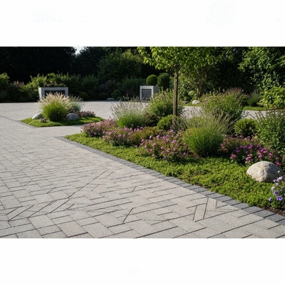 Modern permeable resin driveway with elegant landscaping, sun shining, no text, no words, no typography