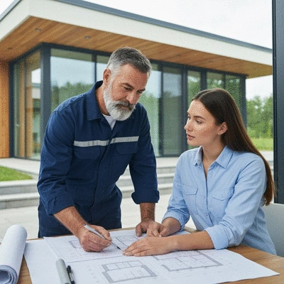 Professional contractor discussing resin driveway installation plans with a homeowner