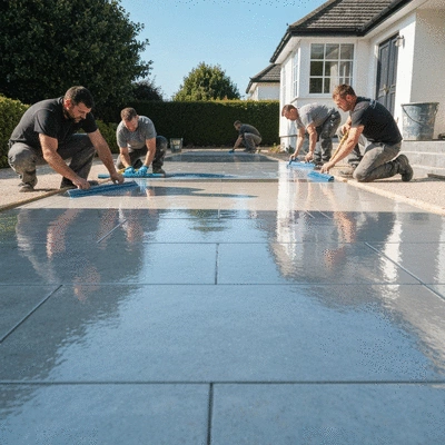Resin driveway installation in progress with workers smoothing the surface
