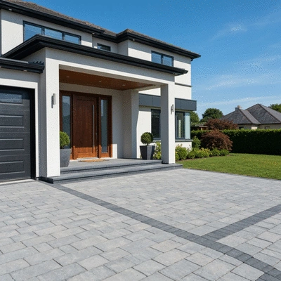 Modern home entrance with a newly installed resin driveway