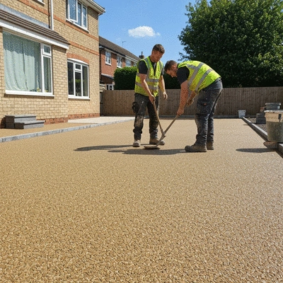 Professional installing a resin bound driveway, smooth finish, no text, no words, no typography, 8K