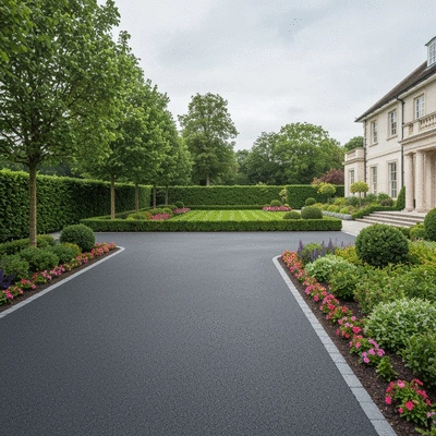 Seamless garden-to-driveway transition with resin driveway and lush landscaping