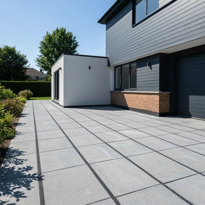 Modern resin driveway with clean lines next to a contemporary house facade, bright sunny day, no text, no words, no typography, no labels, clean image