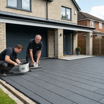 Professional team installing a resin driveway in front of a modern home