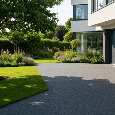 Modern home with an eco-friendly resin bound driveway, lush green landscaping, bright sunny day, no text, no words, no typography, clean image