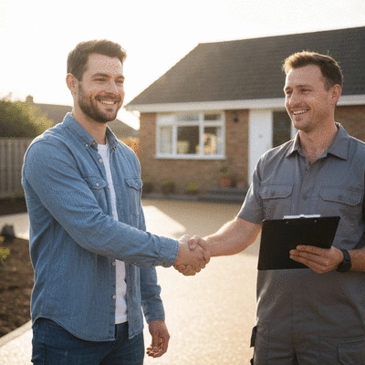 Homeowner shaking hands with a resin driveway contractor, representing a successful negotiation and agreement, in a friendly and professional setting, no text, no words, no typography, clean image