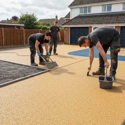 Professional team installing a resin driveway in Nottingham, focusing on precision and quality