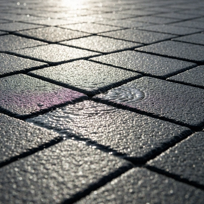Close-up of permeable resin driveway surface with water draining through, highlighting eco-friendly benefits