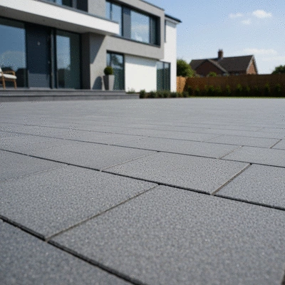 Modern resin driveway in Nottingham with a house in the background, clean, elegant