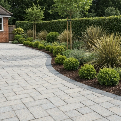 Modern resin driveway with curved edges blending into a well-maintained garden