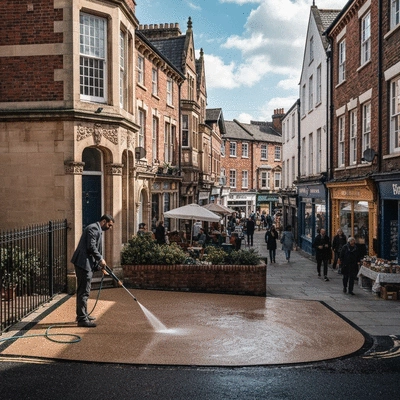 Person power washing a resin driveway in Nottingham, clear water, clean