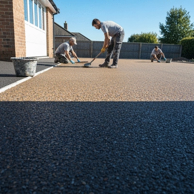Workers installing a resin driveway, spreading aggregate mixture evenly, clean image