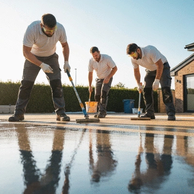 Professional installers working on a resin driveway, clean tools, safety gear, bright environment, no text, no words, no typography