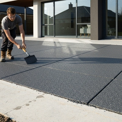 Resin driveway installation in progress, showing a worker smoothing the surface with a trowel