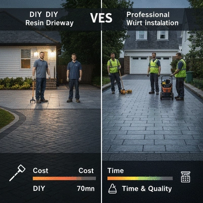 Side-by-side comparison of DIY vs Professional resin driveway installation, highlighting cost, time, and quality