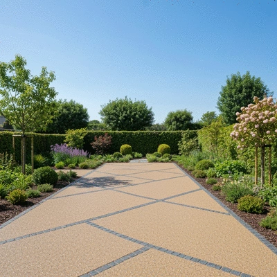 Modern eco-friendly resin driveway with natural stone aggregates, integrated into a landscaped garden, sunny day, no text, no words, no typography, clean image