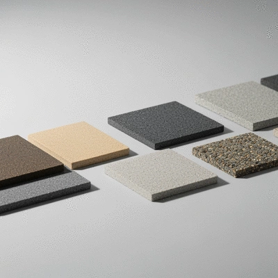 Various samples of resin driveway colors and aggregate textures laid out on a clean surface, demonstrating customization options, no text, no words, no typography, clean image