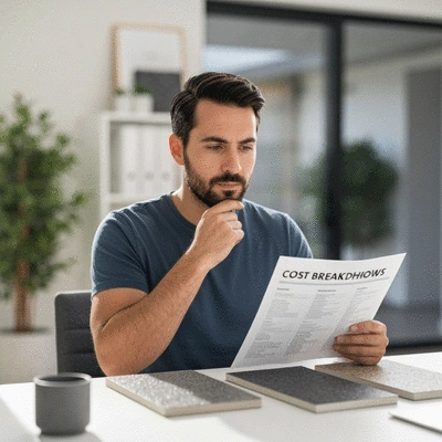 Homeowner reviewing resin driveway samples and cost breakdown, looking thoughtful