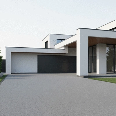 Resin driveway with a modern gray finish complementing a contemporary home, no text, no words, no typography, clean image