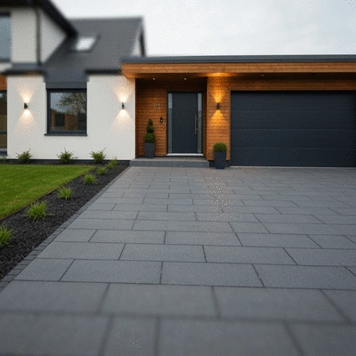 Modern home with a sleek, smooth resin-bound driveway entrance