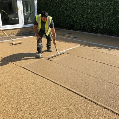 Professional installing a resin driveway, focusing on smooth application and clean finish, with tools visible