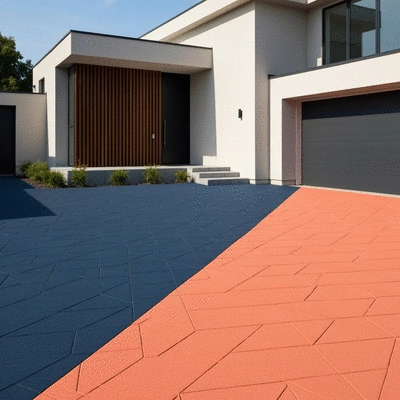 Geometric patterned resin driveway with contrasting colors, modern home in background, no text, no words, no typography, 8K