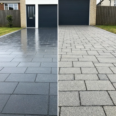 Modern resin bound driveway with a sleek finish and a textured resin bonded driveway side by side for comparison, showing different aesthetic qualities, no text, no words, no typography, clean image